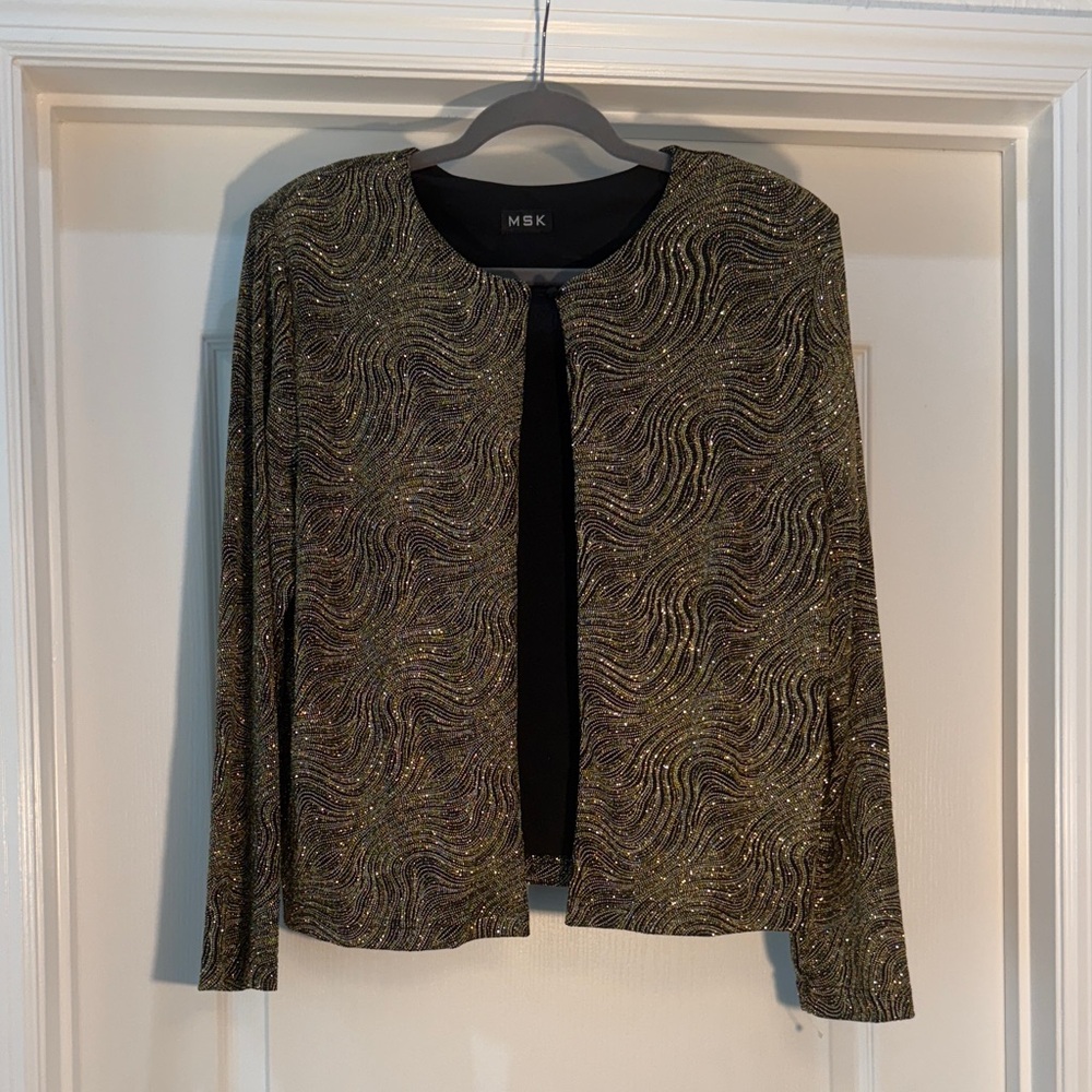 MSK Black and Gold Sparkle Swirl Blazer Cardigan Size M S-Pads Vintage 1980/90s